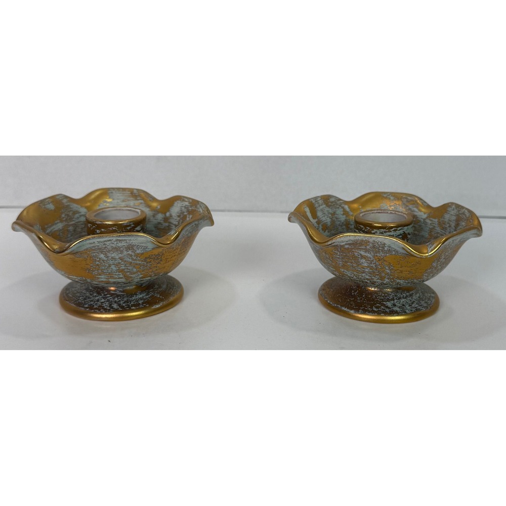 Vtg Stangl Pottery Taper Candle Holders Pair #5069 22K Antique Gold Ruffled MCM